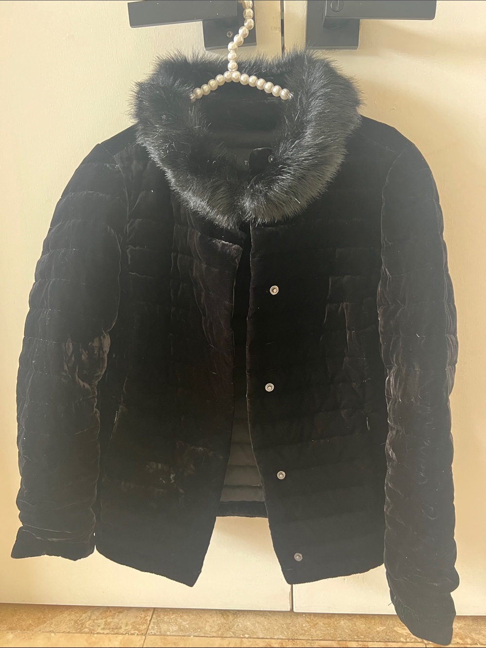 Talbots Black Quilted Velvet Puffer with Faux Fur Collar detachable